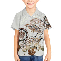 Polynesian Manta Ray Family Matching Short Sleeve Bodycon Dress and Hawaiian Shirt Beige Floral Turtle Tattoo LT9 Son's Shirt Beige - Polynesian Pride