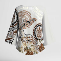 Polynesian Manta Ray Kimono Sleeve Blouse Beige Floral Turtle Tattoo - Polynesian Pride
