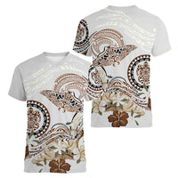 Polynesian Manta Ray Women V-Neck T-Shirt Beige Floral Turtle Tattoo - Polynesian Pride