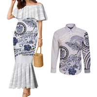 Polynesian Manta Ray Couples Matching Mermaid Dress and Long Sleeve Button Shirt Blue Floral Turtle Tattoo - Polynesian Pride