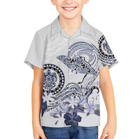 Polynesian Manta Ray Family Matching Long Sleeve Bodycon Dress and Hawaiian Shirt Blue Floral Turtle Tattoo LT9 Son's Shirt Blue - Polynesian Pride