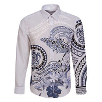 Polynesian Manta Ray Family Matching Mermaid Dress and Hawaiian Shirt Blue Floral Turtle Tattoo LT9 Dad's Shirt - Long Sleeve Blue - Polynesian Pride
