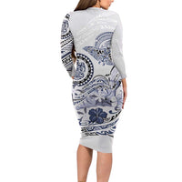 Polynesian Manta Ray Long Sleeve Bodycon Dress Blue Floral Turtle Tattoo - Polynesian Pride