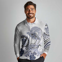 Polynesian Manta Ray Long Sleeve Polo Shirt Blue Floral Turtle Tattoo - Polynesian Pride