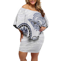 Polynesian Manta Ray Off Shoulder Short Dress Blue Floral Turtle Tattoo - Polynesian Pride
