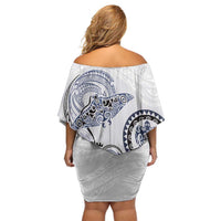 Polynesian Manta Ray Off Shoulder Short Dress Blue Floral Turtle Tattoo - Polynesian Pride