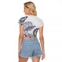 Polynesian Manta Ray Raglan Cropped T Shirt Blue Floral Turtle Tattoo - Polynesian Pride