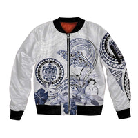 Polynesian Manta Ray Sleeve Zip Bomber Jacket Blue Floral Turtle Tattoo - Polynesian Pride