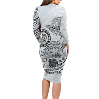 Polynesian Manta Ray Family Matching Long Sleeve Bodycon Dress and Hawaiian Shirt Gray Floral Turtle Tattoo LT9 - Polynesian Pride