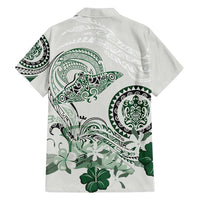 Polynesian Manta Ray Family Matching Long Sleeve Bodycon Dress and Hawaiian Shirt Green Floral Turtle Tattoo LT9 - Polynesian Pride