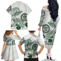 Polynesian Manta Ray Family Matching Off The Shoulder Long Sleeve Dress and Hawaiian Shirt Green Floral Turtle Tattoo - Polynesian Pride