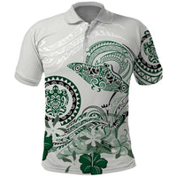 Polynesian Manta Ray Polo Shirt Green Floral Turtle Tattoo - Polynesian Pride