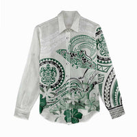 Polynesian Manta Ray Women Casual Shirt Green Floral Turtle Tattoo - Polynesian Pride