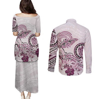 Polynesian Manta Ray Couples Matching Puletasi and Long Sleeve Button Shirt Pink Floral Turtle Tattoo - Polynesian Pride
