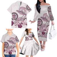 Polynesian Manta Ray Family Matching Off The Shoulder Long Sleeve Dress and Hawaiian Shirt Pink Floral Turtle Tattoo - Polynesian Pride