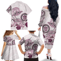 Polynesian Manta Ray Family Matching Off The Shoulder Long Sleeve Dress and Hawaiian Shirt Pink Floral Turtle Tattoo - Polynesian Pride