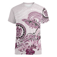 Polynesian Manta Ray Women V-Neck T-Shirt Pink Floral Turtle Tattoo - Polynesian Pride
