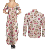 Beige Paniolo Palaka Hawaiian Cowgirl Christmas Couples Matching Summer Maxi Dress and Long Sleeve Button Shirt LT9 - Polynesian Pride