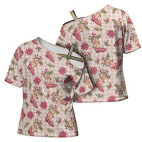 Beige Paniolo Palaka Hawaiian Cowgirl Christmas Cross Shoulder Shirt - Polynesian Pride