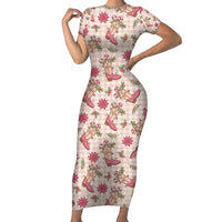 Beige Paniolo Palaka Hawaiian Cowgirl Christmas Family Matching Short Sleeve Bodycon Dress and Hawaiian Shirt LT9 Mom's Dress Beige - Polynesian Pride