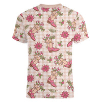 Beige Paniolo Palaka Hawaiian Cowgirl Christmas Women V-Neck T-Shirt LT9 - Polynesian Pride