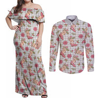 Gray Paniolo Palaka Hawaiian Cowgirl Christmas Couples Matching Off Shoulder Maxi Dress and Long Sleeve Button Shirt - Polynesian Pride