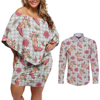 Gray Paniolo Palaka Hawaiian Cowgirl Christmas Couples Matching Off Shoulder Short Dress and Long Sleeve Button Shirt - Polynesian Pride