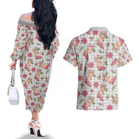 Gray Paniolo Palaka Hawaiian Cowgirl Christmas Couples Matching Off The Shoulder Long Sleeve Dress and Hawaiian Shirt - Polynesian Pride