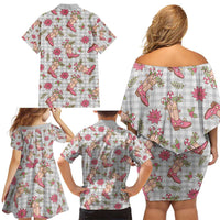Gray Paniolo Palaka Hawaiian Cowgirl Christmas Family Matching Off Shoulder Short Dress and Hawaiian Shirt LT9 - Polynesian Pride