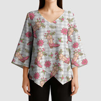 Gray Paniolo Palaka Hawaiian Cowgirl Christmas Kimono Sleeve Blouse - Polynesian Pride