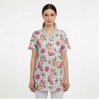 Gray Paniolo Palaka Hawaiian Cowgirl Christmas Scrub Top - Polynesian Pride