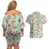Green Paniolo Palaka Hawaiian Cowgirl Christmas Couples Matching Off Shoulder Short Dress and Hawaiian Shirt LT9 - Polynesian Pride