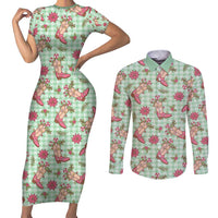 Green Paniolo Palaka Hawaiian Cowgirl Christmas Couples Matching Short Sleeve Bodycon Dress and Long Sleeve Button Shirt LT9 Green - Polynesian Pride