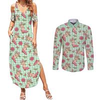 Green Paniolo Palaka Hawaiian Cowgirl Christmas Couples Matching Summer Maxi Dress and Long Sleeve Button Shirt LT9 Green - Polynesian Pride