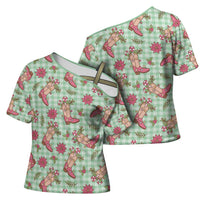 Green Paniolo Palaka Hawaiian Cowgirl Christmas Cross Shoulder Shirt - Polynesian Pride