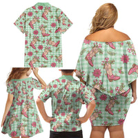 Green Paniolo Palaka Hawaiian Cowgirl Christmas Family Matching Off Shoulder Short Dress and Hawaiian Shirt LT9 - Polynesian Pride
