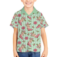 Green Paniolo Palaka Hawaiian Cowgirl Christmas Family Matching Off Shoulder Short Dress and Hawaiian Shirt LT9 Son's Shirt Green - Polynesian Pride