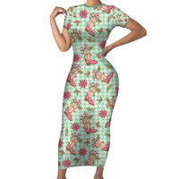 Green Paniolo Palaka Hawaiian Cowgirl Christmas Family Matching Short Sleeve Bodycon Dress and Hawaiian Shirt LT9 Mom's Dress Green - Polynesian Pride