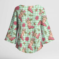 Green Paniolo Palaka Hawaiian Cowgirl Christmas Kimono Sleeve Blouse - Polynesian Pride