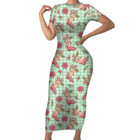 Green Paniolo Palaka Hawaiian Cowgirl Christmas Short Sleeve Bodycon Dress LT9 Long Dress Green - Polynesian Pride