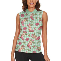 Green Paniolo Palaka Hawaiian Cowgirl Christmas Women Sleeveless Polo Shirt - Polynesian Pride
