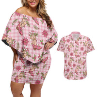 Pink Paniolo Palaka Hawaiian Cowgirl Christmas Couples Matching Off Shoulder Short Dress and Hawaiian Shirt LT9 Pink - Polynesian Pride