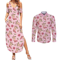 Pink Paniolo Palaka Hawaiian Cowgirl Christmas Couples Matching Summer Maxi Dress and Long Sleeve Button Shirt LT9 Pink - Polynesian Pride