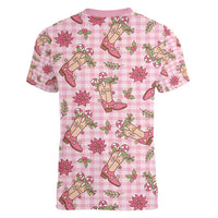 Pink Paniolo Palaka Hawaiian Cowgirl Christmas Women V-Neck T-Shirt LT9 - Polynesian Pride