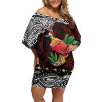 Papua New Guinea Christmas Family Matching Off Shoulder Short Dress and Hawaiian Shirt LT9 Mom's Dress Black - Polynesian Pride