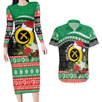 Vanuatu Pig's Tusk Meri Krismas! Couples Matching Long Sleeve Bodycon Dress and Hawaiian Shirt Vanuatuan Sand Drawing Pattern LT9 Green - Polynesian Pride