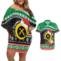 Vanuatu Pig's Tusk Meri Krismas! Couples Matching Off Shoulder Short Dress and Hawaiian Shirt Vanuatuan Sand Drawing Pattern - Polynesian Pride