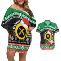 Vanuatu Pig's Tusk Meri Krismas! Couples Matching Off Shoulder Short Dress and Hawaiian Shirt Vanuatuan Sand Drawing Pattern - Polynesian Pride
