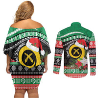 Vanuatu Pig's Tusk Meri Krismas! Couples Matching Off Shoulder Short Dress and Long Sleeve Button Shirt Vanuatuan Sand Drawing Pattern - Polynesian Pride