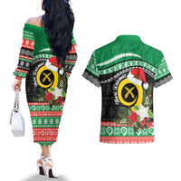 Vanuatu Pig's Tusk Meri Krismas! Couples Matching Off The Shoulder Long Sleeve Dress and Hawaiian Shirt Vanuatuan Sand Drawing Pattern LT9 - Polynesian Pride